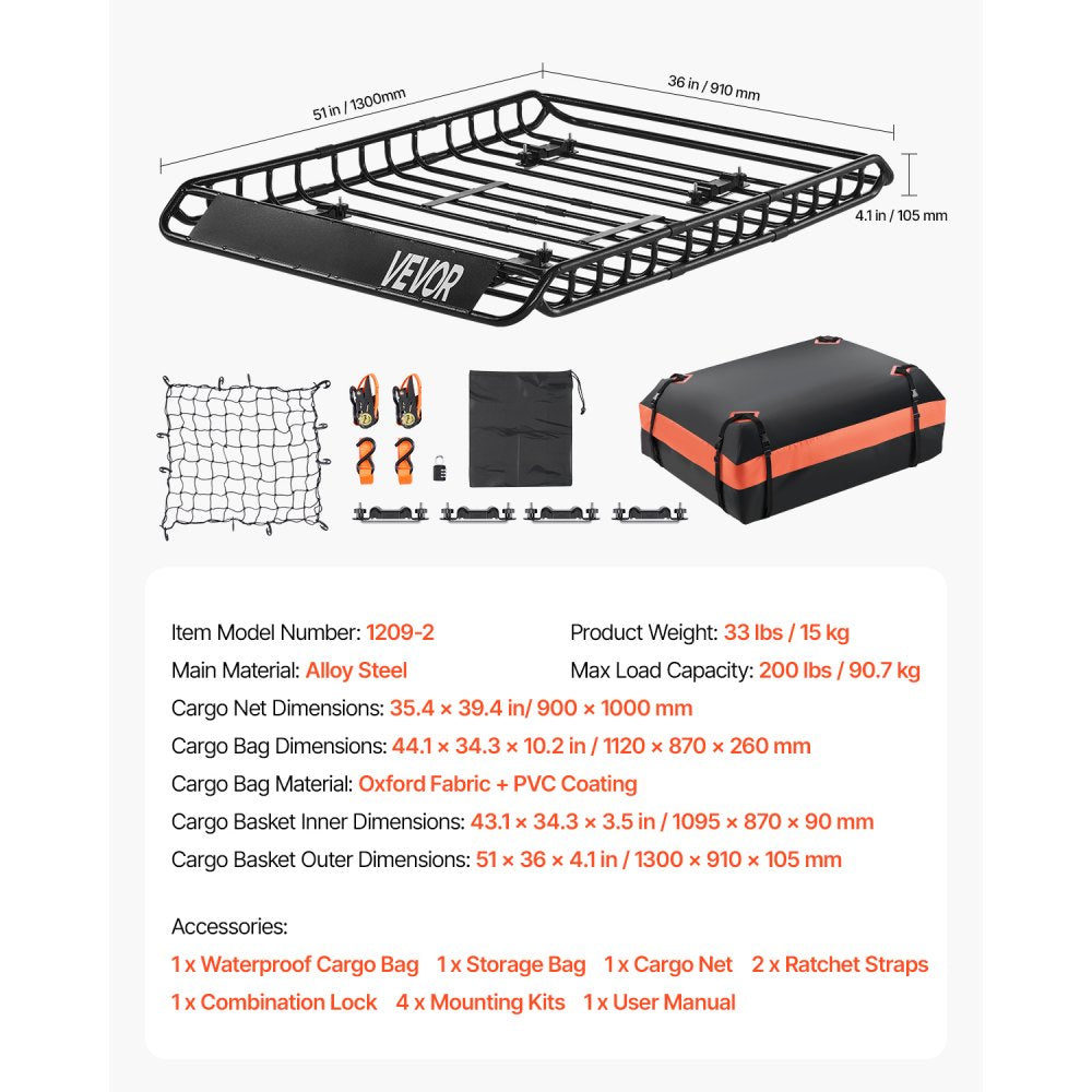 VEVOR Roof Rack Basket, 51 x 36 x 4.1 in, Universal Rooftop Cargo Carrier with 1120 x 870 x 260 mm Cargo Bag, Net, Ratchet Straps, 200 lbs Max Load Capacity Car Top Luggage Holder, for SUV Truck Car