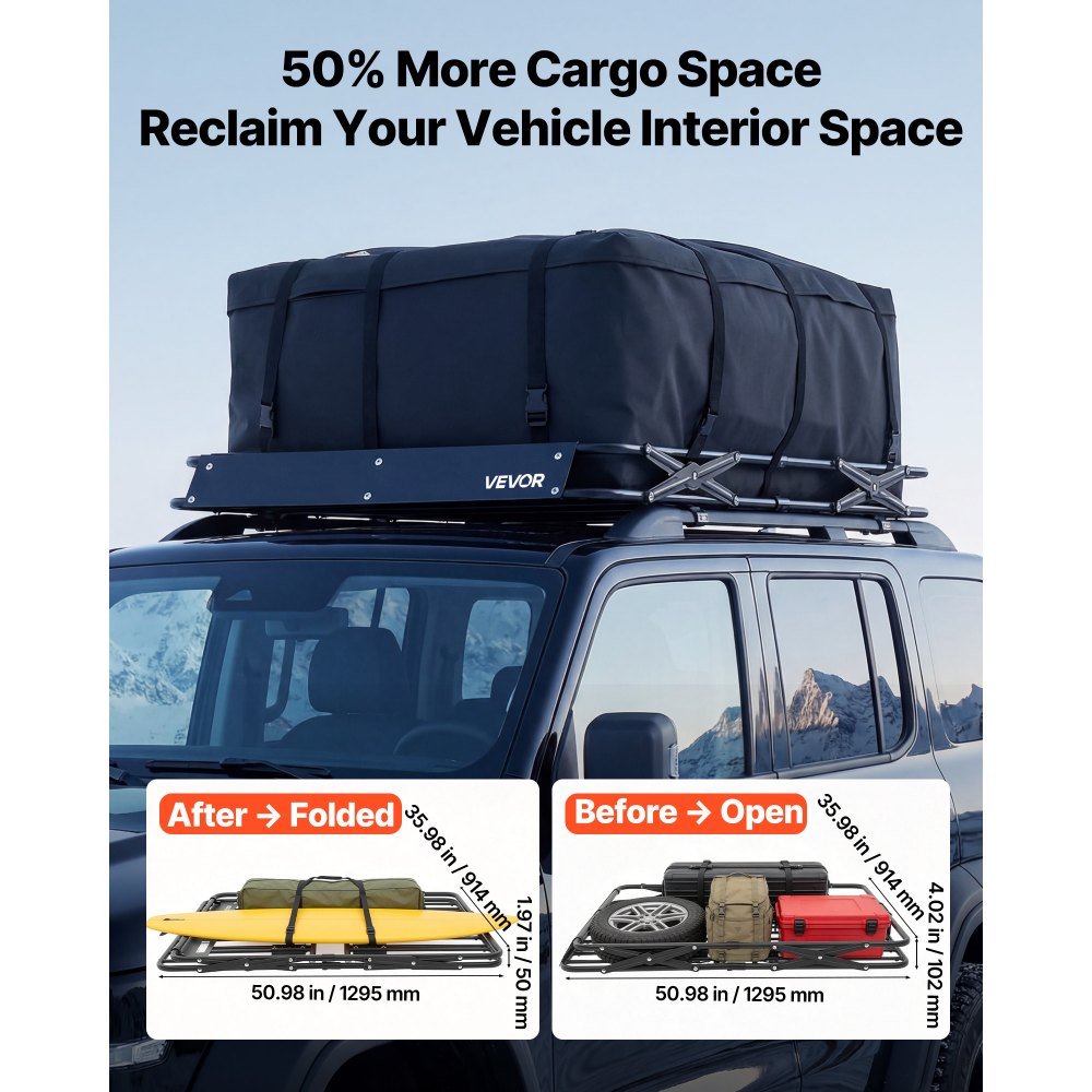 VEVOR Roof Rack Cargo Basket, 51 x 36 x 4 in, Heavy Duty Roof Top Carrier Basket with Folding Design, 200 lbs Capacity, All-Weather Easy-Install Car Top Luggage Holder, Universal Fit for SUV Truck Car