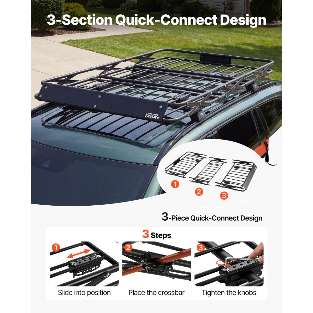 VEVOR Roof Rack Cargo Basket, 64 x 39 x 4 in, Heavy Duty Roof Top Carrier Basket with Folding Design, 200 lbs Capacity, All-Weather Easy-Install Car Top Luggage Holder, Universal Fit for SUV Truck Car