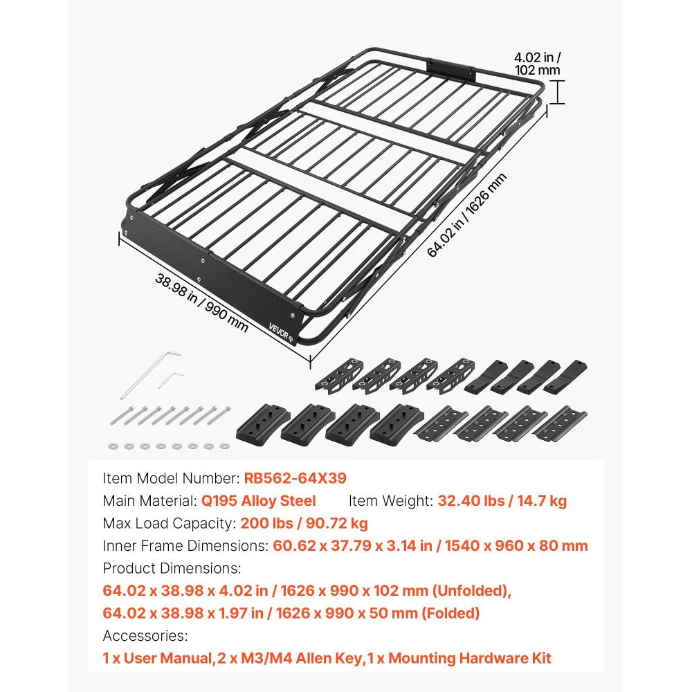 VEVOR Roof Rack Cargo Basket, 64 x 39 x 4 in, Heavy Duty Roof Top Carrier Basket with Folding Design, 200 lbs Capacity, All-Weather Easy-Install Car Top Luggage Holder, Universal Fit for SUV Truck Car