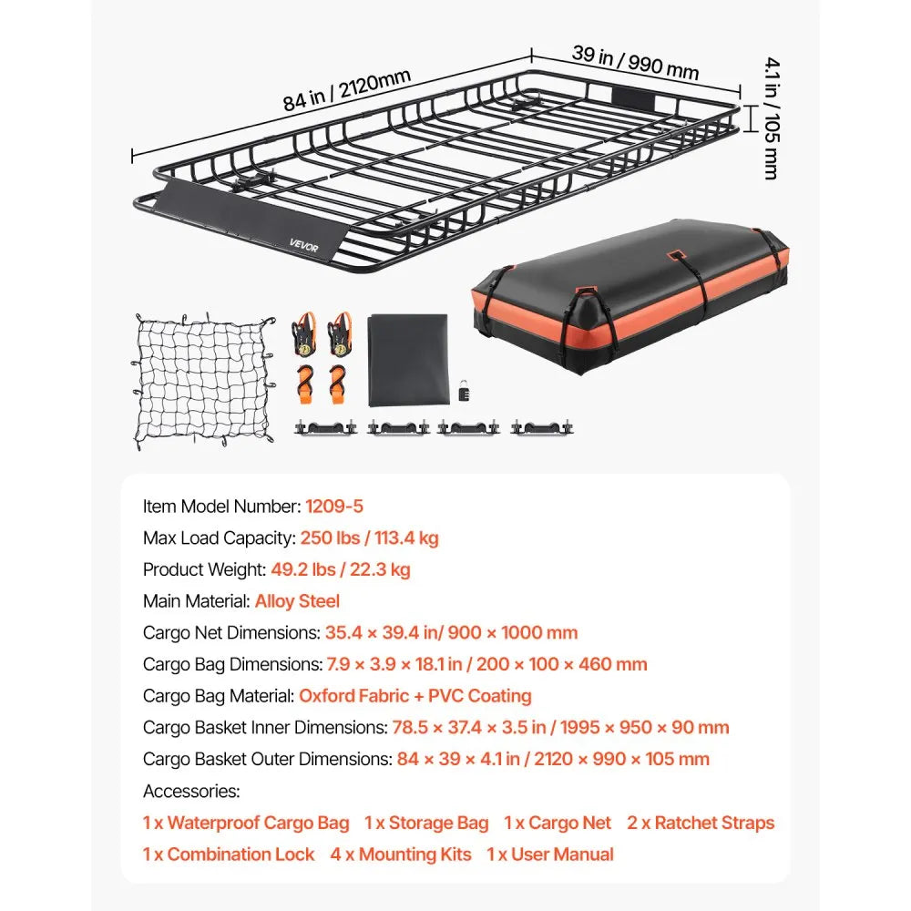 VEVOR Roof Rack Basket, 84 x 39 x 4.1 in, Universal Rooftop Cargo Carrier with 7.9 x 3.9 x 10.2 in Cargo Bag, Net, Ratchet Straps, 250 lbs Max Load Capacity Car Top Luggage Holder, for SUV Truck Car