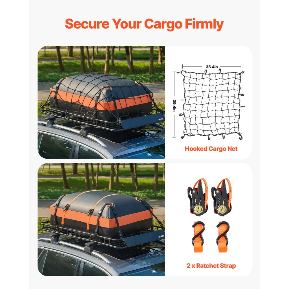 VEVOR Roof Rack Basket, 64 x 39 x 4.1 in, Universal Rooftop Cargo Carrier with 44.1 x 34.3 x 10.2 in Cargo Bag, Net, Ratchet Straps, 250 lbs Max Load Capacity Car Top Luggage Holder, for SUV Truck Car
