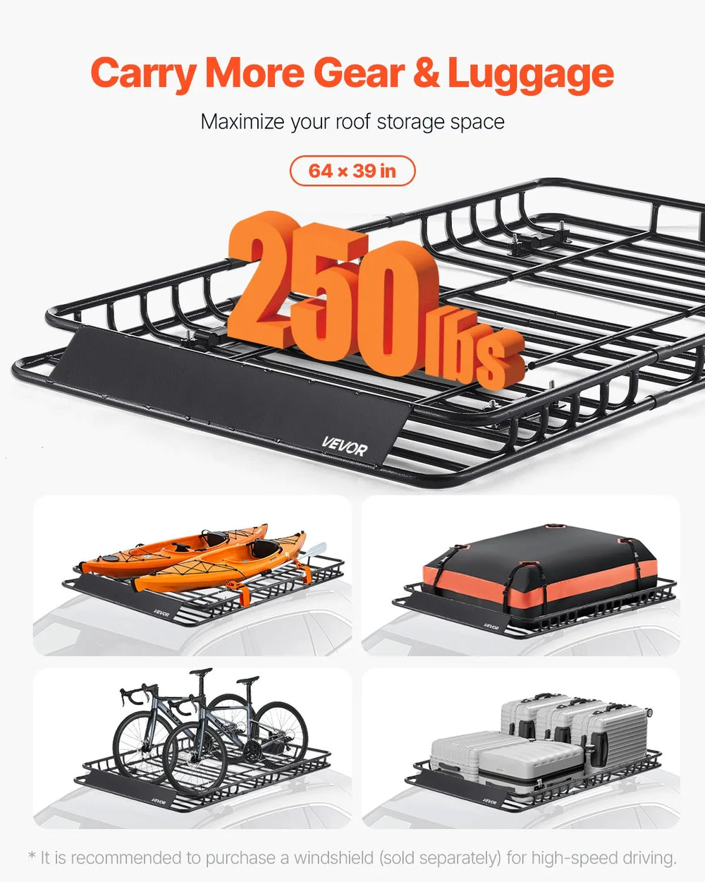 VEVOR Roof Rack Basket, 64 x 39 x 4.1 in, Universal Rooftop Cargo Carrier with 44.1 x 34.3 x 10.2 in Cargo Bag, Net, Ratchet Straps, 250 lbs Max Load Capacity Car Top Luggage Holder, for SUV Truck Car