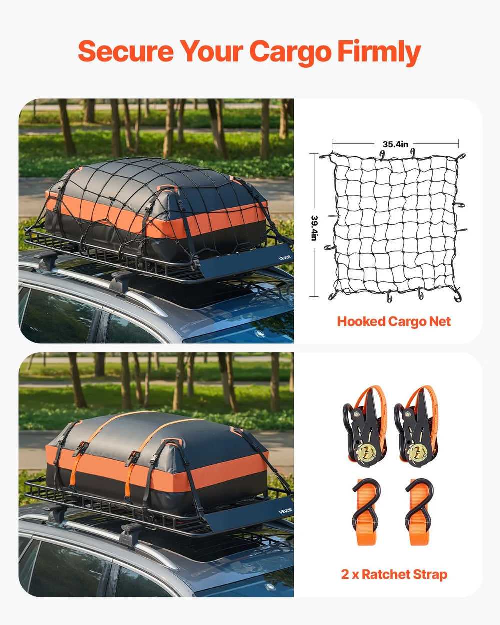 VEVOR Roof Rack Basket, 64 x 39 x 4.1 in, Universal Rooftop Cargo Carrier with 44.1 x 34.3 x 10.2 in Cargo Bag, Net, Ratchet Straps, 250 lbs Max Load Capacity Car Top Luggage Holder, for SUV Truck Car