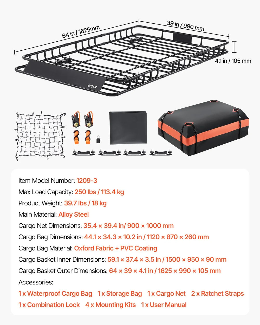 VEVOR Roof Rack Basket, 64 x 39 x 4.1 in, Universal Rooftop Cargo Carrier with 44.1 x 34.3 x 10.2 in Cargo Bag, Net, Ratchet Straps, 250 lbs Max Load Capacity Car Top Luggage Holder, for SUV Truck Car