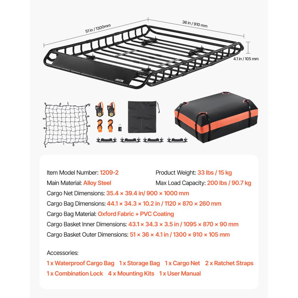 VEVOR Roof Rack Basket, 51 x 36 x 4.1 in, Universal Rooftop Cargo Carrier with 1120 x 870 x 260 mm Cargo Bag, Net, Ratchet Straps, 200 lbs Max Load Capacity Car Top Luggage Holder, for SUV Truck Car