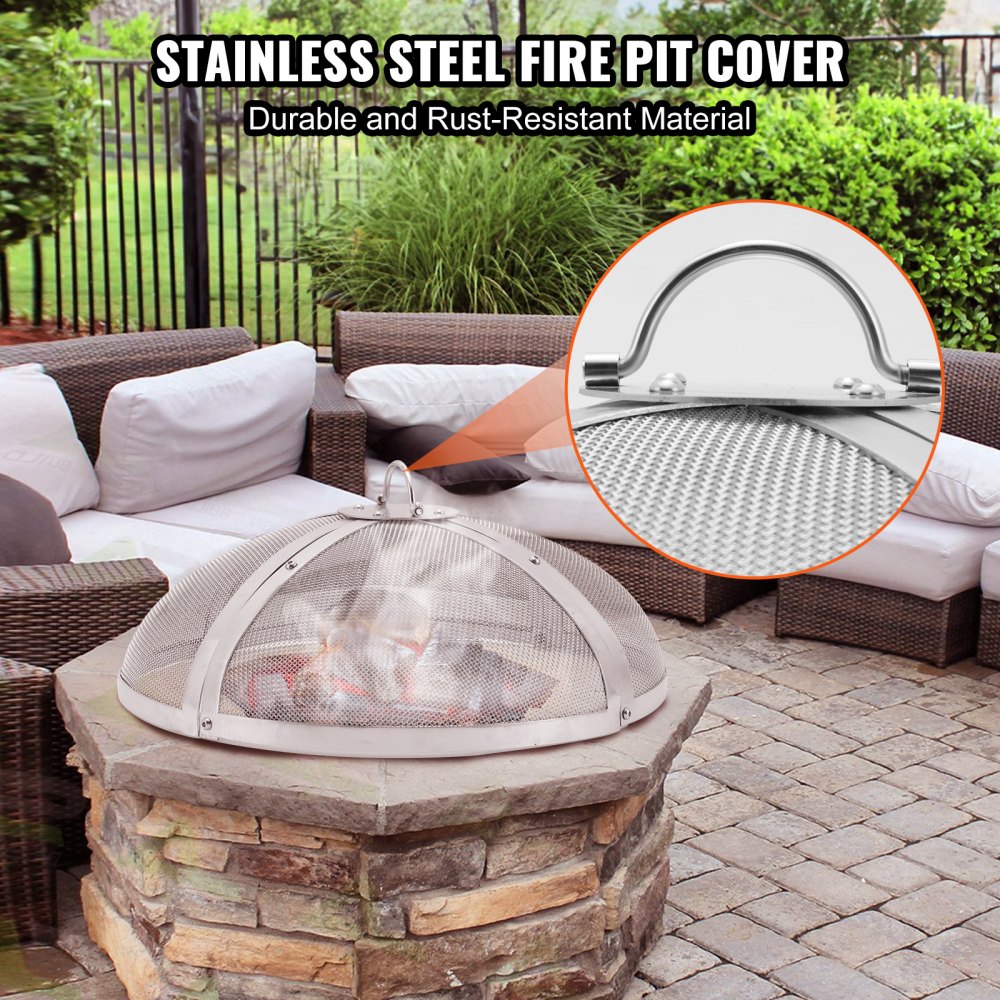 VEVOR Fire Pit Spark Screen Round 30", Reinforced Heavy Duty Steel Metal Cover, Outdoor Firepit Lid, Easy-Opening Top Screen Covers Round with Ring Handle for Outdoor Patio Fire Pits Backyard