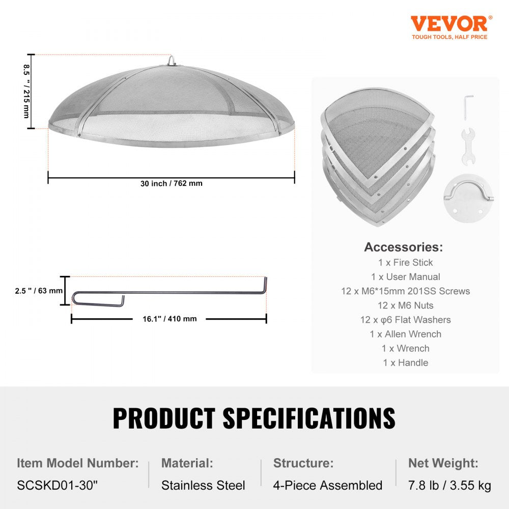VEVOR Fire Pit Spark Screen Round 30", Reinforced Heavy Duty Steel Metal Cover, Outdoor Firepit Lid, Easy-Opening Top Screen Covers Round with Ring Handle for Outdoor Patio Fire Pits Backyard