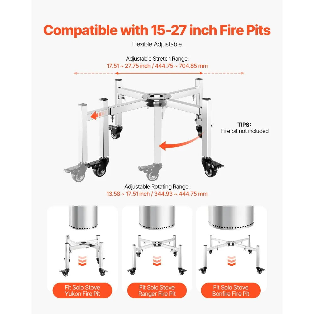 VEVOR Fire Pit Stand, 15-27 inch Adjustable Stretch with 4 Casters, Firepit Stand for Solo Stove Bonfire Ranger Yukon & Other Outside Firepit, Stainless Steel Camping Fire Pit Accessory for Fireplace