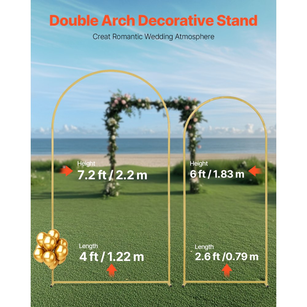 VEVOR Wedding Arch Backdrop Stand, 7.2FT & 6FT, Set of 2 Stand with Case Connection & Chassis Crossbar Design, Easy-to-Assemble Gold Stand with Premium Metal, Fit for Birthday, Celebration, Holiday