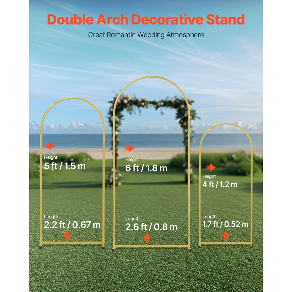 VEVOR Wedding Arch Backdrop Stand, Set of 3, Metal Stable Stand with Case Connection & Chassis Crossbar Design, Easy-to-Assemble Gold Stand with Premium Metal, Fit for Birthday, Celebration, Holiday