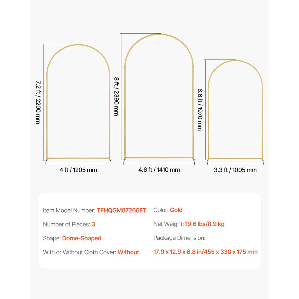 VEVOR Wedding Arch Backdrop Stand, Set of 3, Metal Stable Stand with Case Connection & Chassis Crossbar Design, Easy-to-Assemble Gold Stand with Premium Metal, Fit for Birthday, Celebration, Holiday