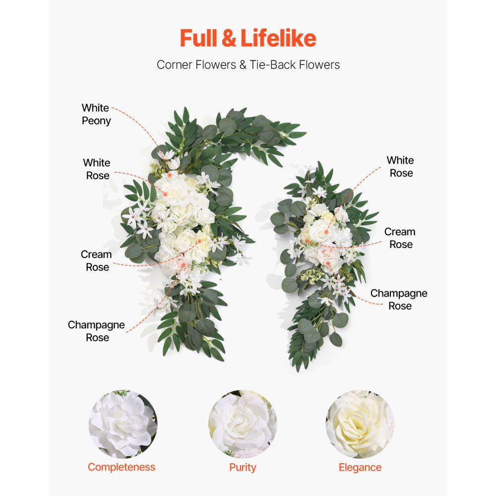 VEVOR Artificial Wedding Arch Flowers Kit, White Wedding Arch Flowers with Drapes Kit (Pack of 3) - 2 Pcs Floral Arrangement, 1 Pcs Sheer Drapes, for Ceremony Bouquets Reception Backdrop Decoration