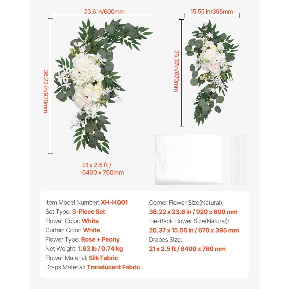 VEVOR Artificial Wedding Arch Flowers Kit, White Wedding Arch Flowers with Drapes Kit (Pack of 3) - 2 Pcs Floral Arrangement, 1 Pcs Sheer Drapes, for Ceremony Bouquets Reception Backdrop Decoration