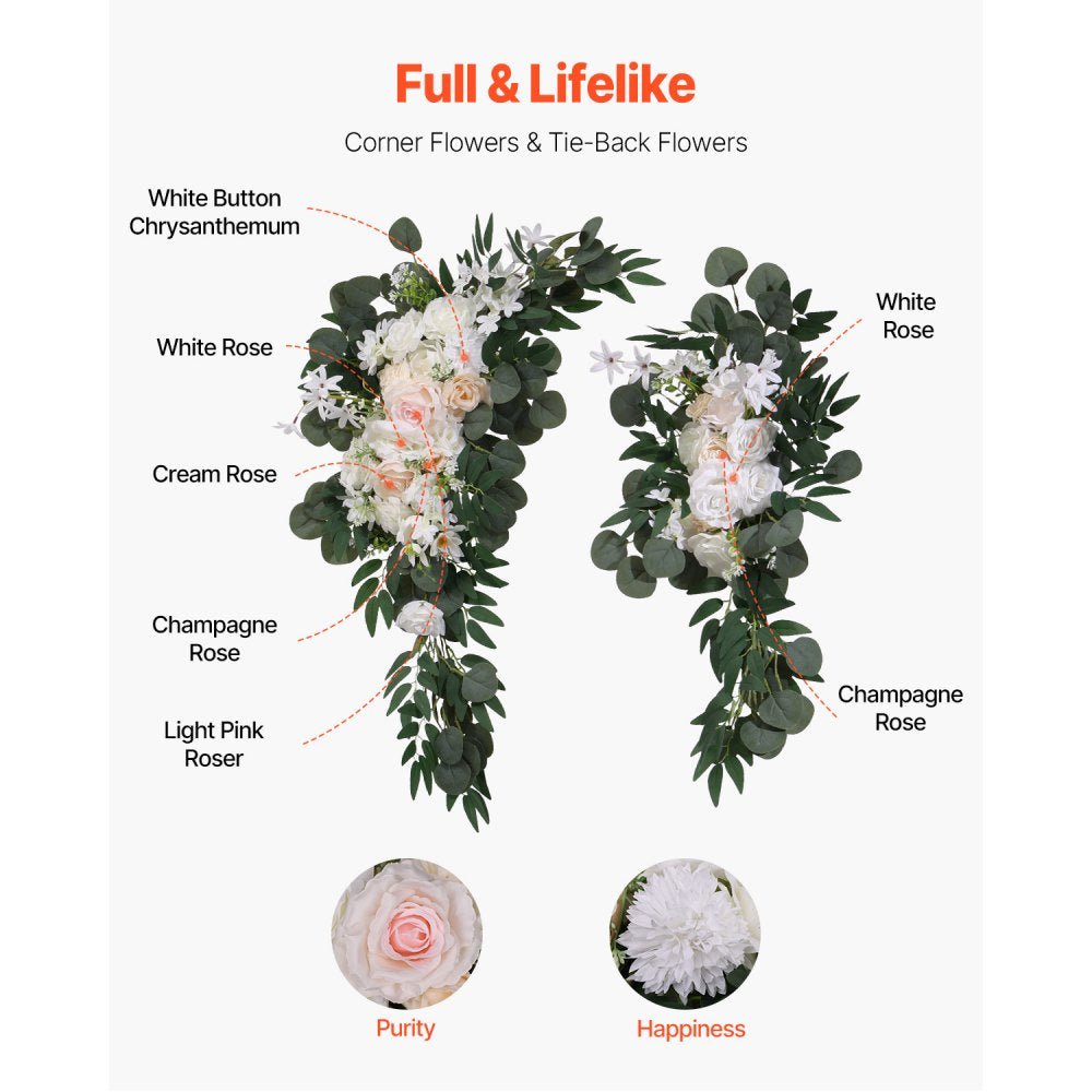 VEVOR Artificial Wedding Arch Flowers Kit, White Wedding Arch Flowers with Drapes Kit (Pack of 4) - 2 Pcs Floral Arrangement, 2 Pcs Sheer Drapes, for Ceremony Bouquets Reception Backdrop Decoration