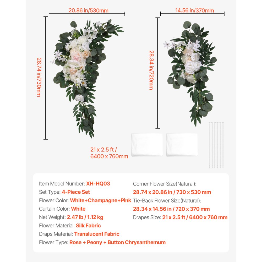 VEVOR Artificial Wedding Arch Flowers Kit, White Wedding Arch Flowers with Drapes Kit (Pack of 4) - 2 Pcs Floral Arrangement, 2 Pcs Sheer Drapes, for Ceremony Bouquets Reception Backdrop Decoration