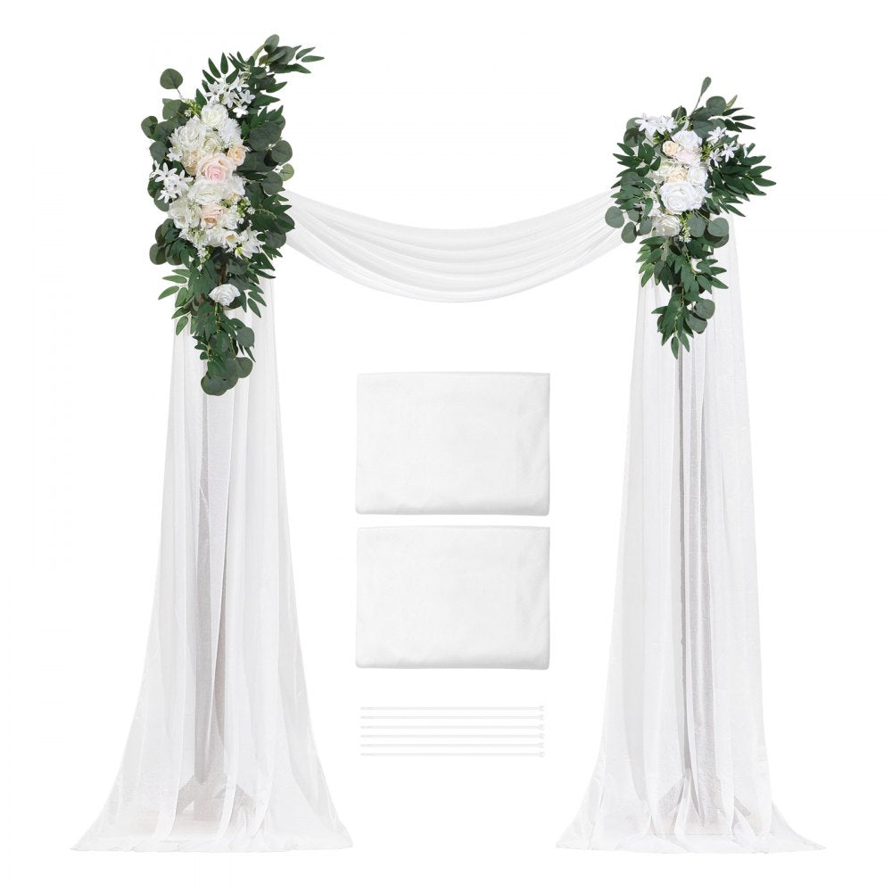VEVOR Artificial Wedding Arch Flowers Kit, White Wedding Arch Flowers with Drapes Kit (Pack of 4) - 2 Pcs Floral Arrangement, 2 Pcs Sheer Drapes, for Ceremony Bouquets Reception Backdrop Decoration