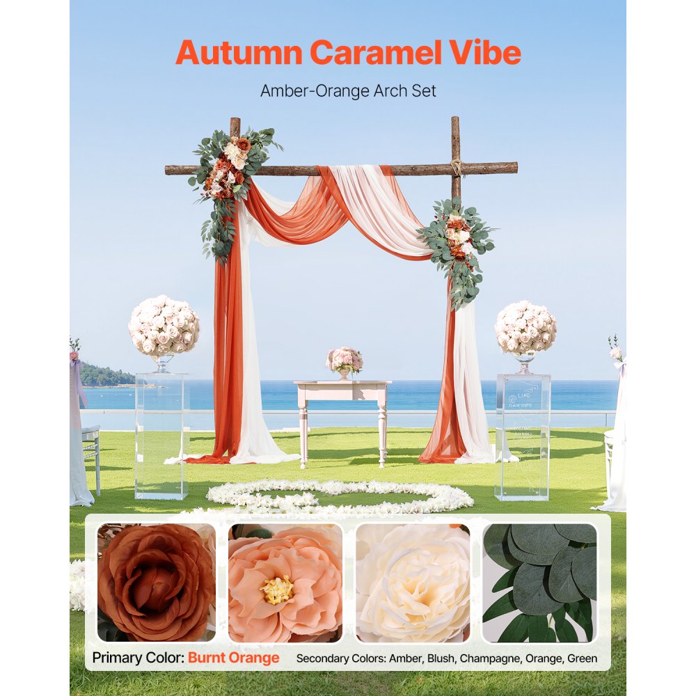 VEVOR Artificial Wedding Arch Flowers Kit, Orange Wedding Arch Flowers with Drapes Kit (Pack of 4) - 2 Pcs Floral Arrangement, 2 Pcs Sheer Drapes, for Ceremony Bouquets Reception Backdrop Decoration