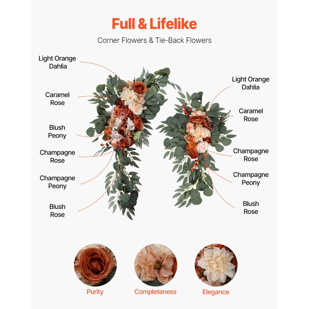VEVOR Artificial Wedding Arch Flowers Kit, Orange Wedding Arch Flowers with Drapes Kit (Pack of 4) - 2 Pcs Floral Arrangement, 2 Pcs Sheer Drapes, for Ceremony Bouquets Reception Backdrop Decoration
