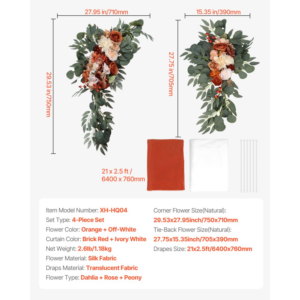 VEVOR Artificial Wedding Arch Flowers Kit, Orange Wedding Arch Flowers with Drapes Kit (Pack of 4) - 2 Pcs Floral Arrangement, 2 Pcs Sheer Drapes, for Ceremony Bouquets Reception Backdrop Decoration