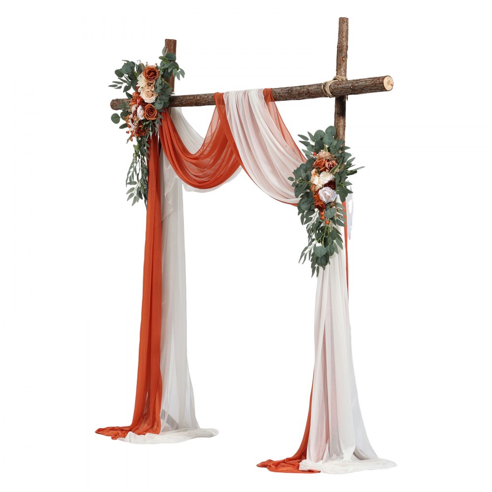 VEVOR Artificial Wedding Arch Flowers Kit, Orange Wedding Arch Flowers with Drapes Kit (Pack of 4) - 2 Pcs Floral Arrangement, 2 Pcs Sheer Drapes, for Ceremony Bouquets Reception Backdrop Decoration