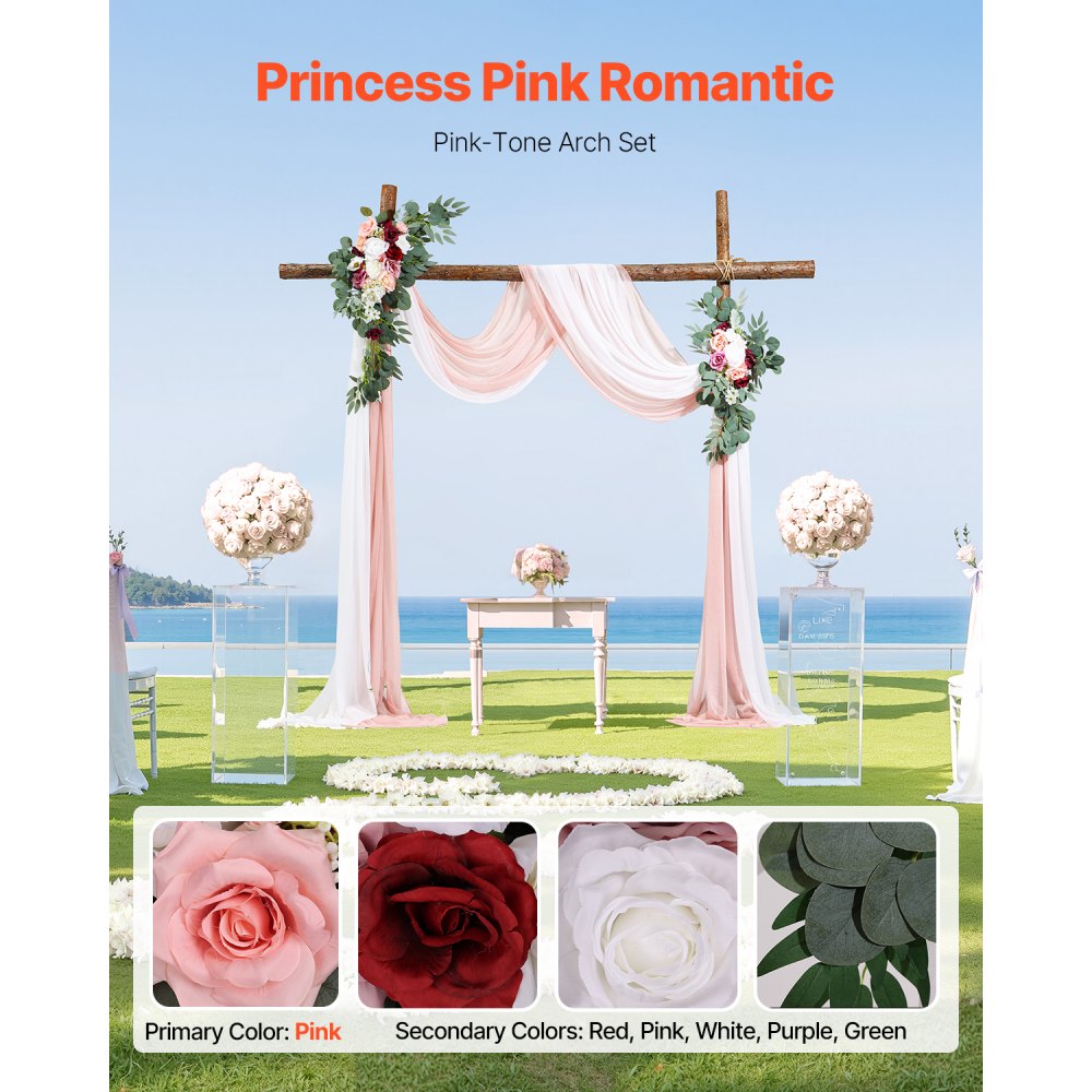 VEVOR Artificial Wedding Arch Flowers Kit, Pink Wedding Arch Flowers with Drapes Kit (Pack of 4) - 2 Pcs Floral Arrangement, 2 Pcs Sheer Drapes, for Ceremony Bouquets Reception Backdrop Decoration