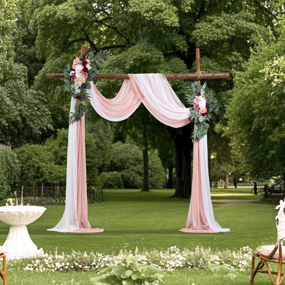 VEVOR Artificial Wedding Arch Flowers Kit, Pink Wedding Arch Flowers with Drapes Kit (Pack of 4) - 2 Pcs Floral Arrangement, 2 Pcs Sheer Drapes, for Ceremony Bouquets Reception Backdrop Decoration