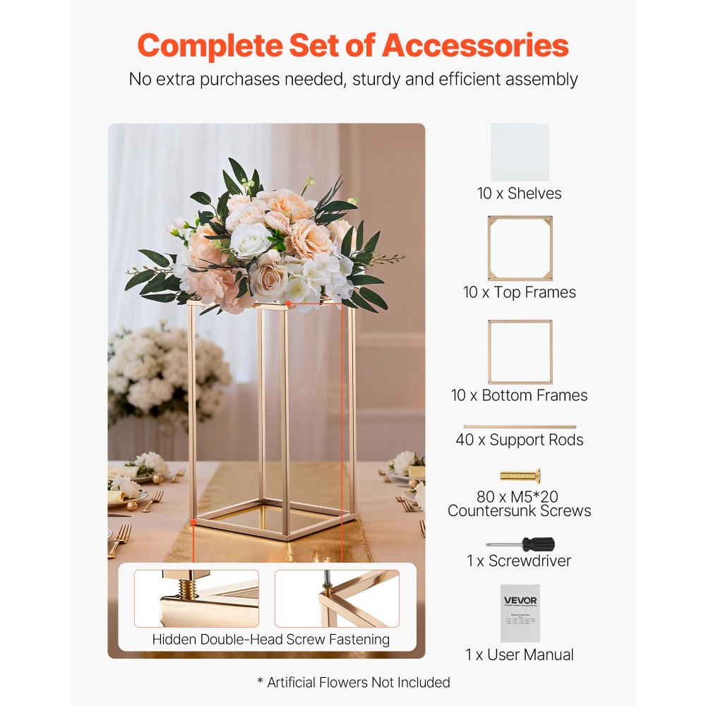 VEVOR Wedding Flower Stand, 10PCS 15.75-inch Column Flower Stand, Floral Stands with Acrylic Laminate, Gold Rectangular Floral Display Rack for Wedding, Party, Birthday, Home,  Gold Centerpiece Stands