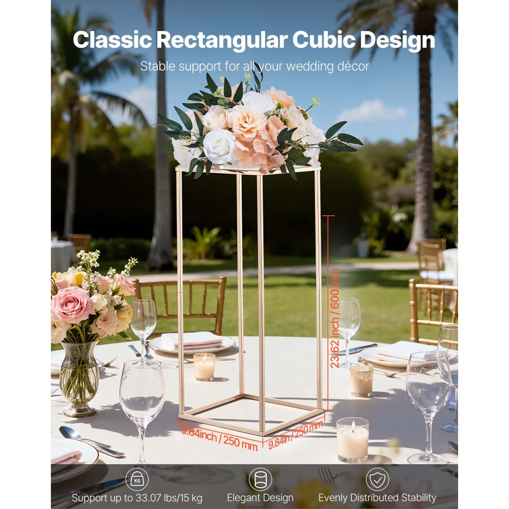 VEVOR Wedding Flower Stand, 10PCS 23.62-inch Column Flower Stand, Floral Stands with Acrylic Laminate, Rectangular Floral Display Rack for Wedding, Party, Birthday, Home, French Gold Stands