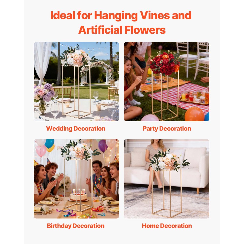 VEVOR Wedding Flower Stand, 10PCS 23.62-inch Column Flower Stand, Floral Stands with Acrylic Laminate, Rectangular Floral Display Rack for Wedding, Party, Birthday, Home, French Gold Stands