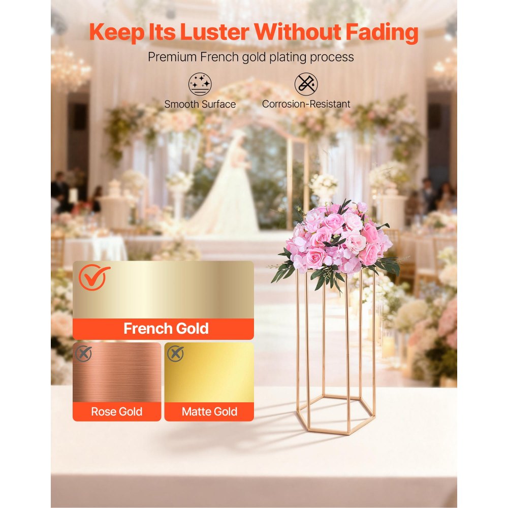 VEVOR Wedding Flower Stand, 10PCS 23.62-inch Column Flower Stand, Floral Stands with Acrylic Laminate, Hexagonal Cubic Floral Display Rack for Wedding, Party, Birthday, Home, French Gold Stands