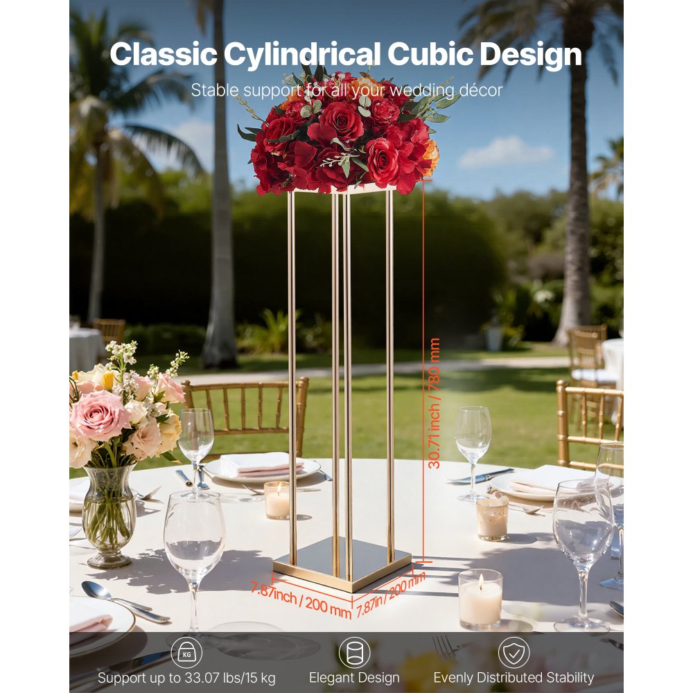 VEVOR Wedding Flower Stand, 10PCS 31.5-inch Column Flower Stand, Floral Stands with Metal Laminate, Cylindrical Cubic Floral Display Rack for Wedding, Party, Birthday, Home, French Gold Stands