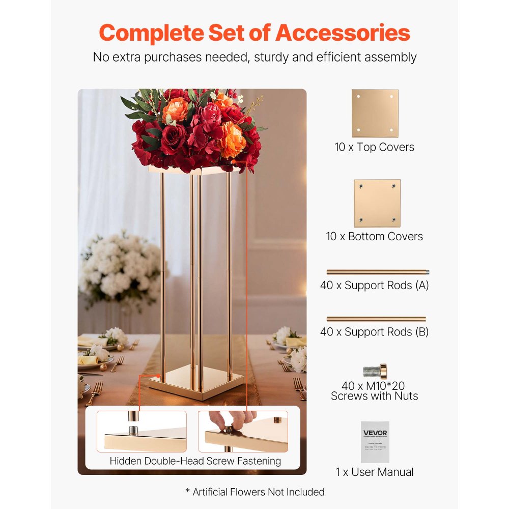 VEVOR Wedding Flower Stand, 10PCS 31.5-inch Column Flower Stand, Floral Stands with Metal Laminate, Cylindrical Cubic Floral Display Rack for Wedding, Party, Birthday, Home, French Gold Stands