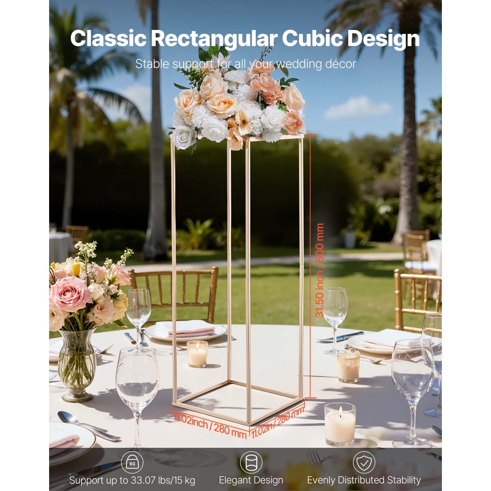VEVOR Wedding Flower Stand, 10PCS 31.5-inch Column Flower Stand, Floral Stands with Metal Laminate, Rectangular Floral Display Rack for Wedding, Party, Birthday, Home, French Gold Stands