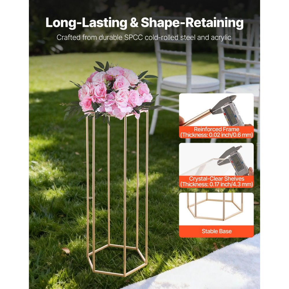 VEVOR Wedding Flower Stand, 10PCS 31.5-inch Column Flower Stand, Floral Stands with Acrylic Laminate, Hexagonal Cubic Floral Display Rack for Wedding, Party, Birthday, Home, French Gold Stands