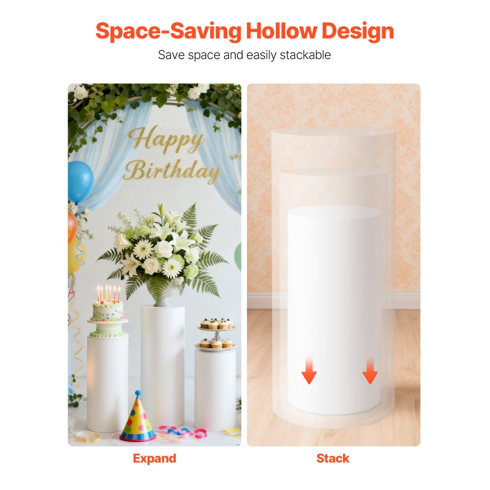 VEVOR Wedding Flower Stand, 3PCS 23.62/29.53/35.43 inch Round Cylinder Plinth, White Pedestal Stand with PVC Lid, Cylindrical Pedestal Stands for Wedding, Party, Birthday, Art Decor, 33.07 lbs Load