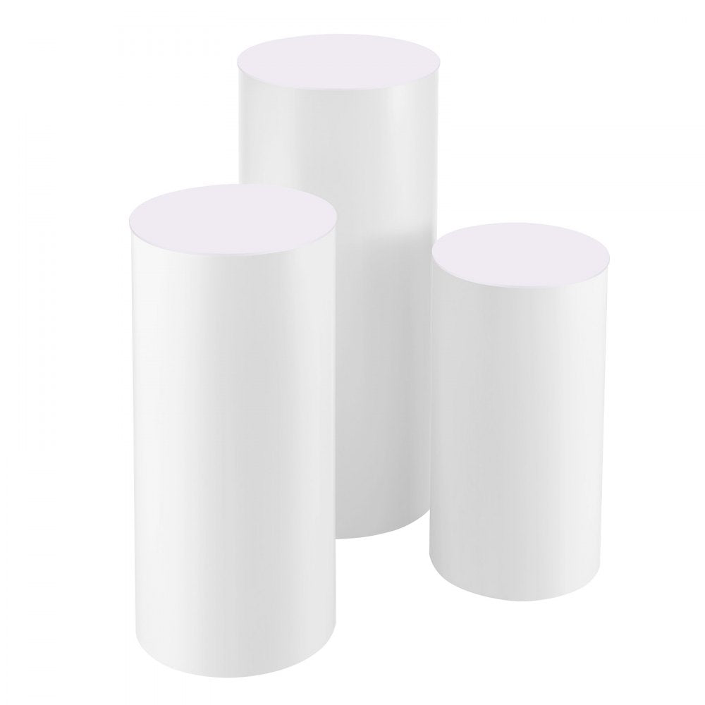 VEVOR Wedding Flower Stand, 3PCS 23.62/29.53/35.43 inch Round Cylinder Plinth, White Pedestal Stand with PVC Lid, Cylindrical Pedestal Stands for Wedding, Party, Birthday, Art Decor, 33.07 lbs Load