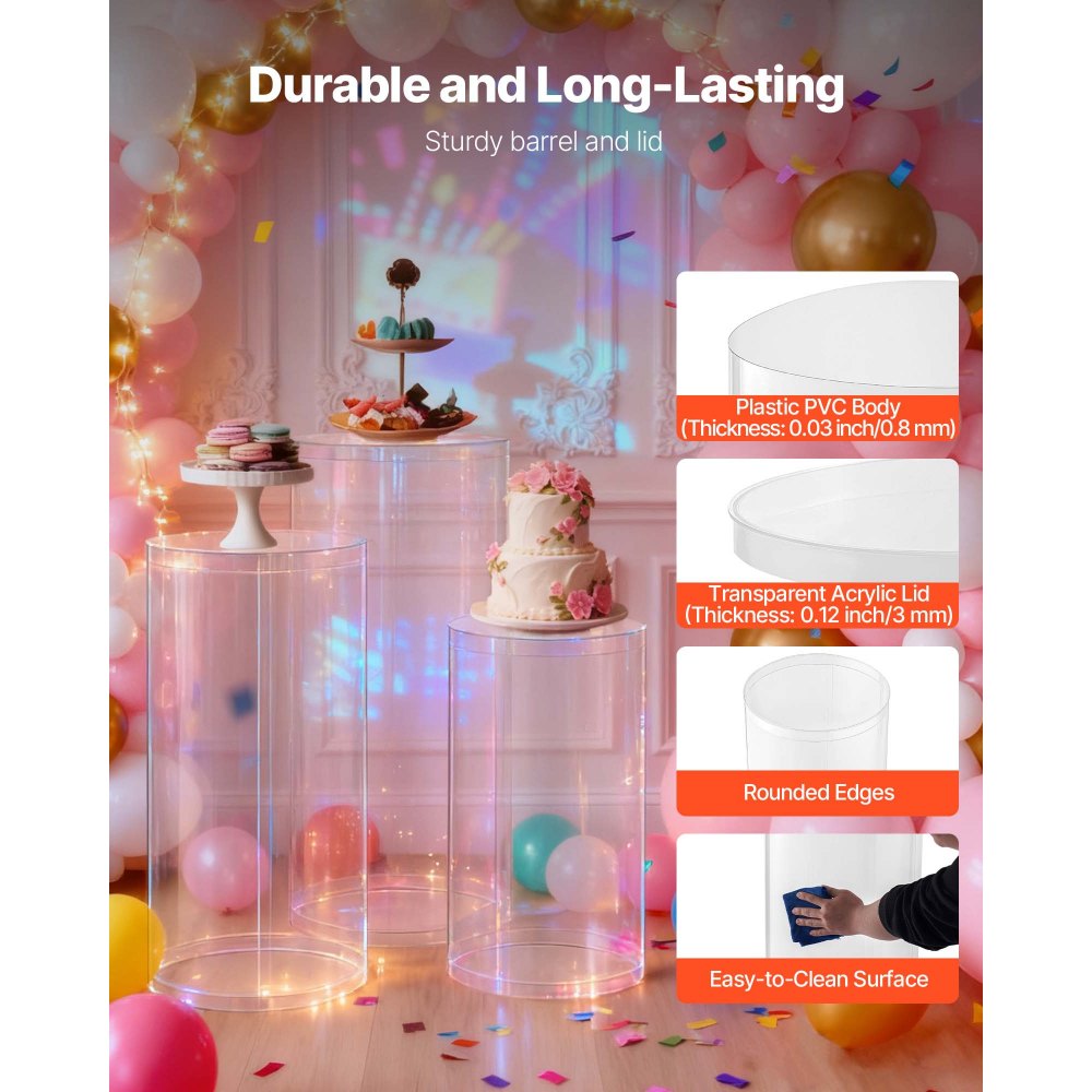 VEVOR Wedding Flower Stand, 3PCS 23.62/29.53/35.43 inch Round Cylinder Plinth, Clear Pedestal Stand with Transparent Acrylic Lid, Cylindrical Pedestal Stands for Wedding, Party, Birthday, Art Decor