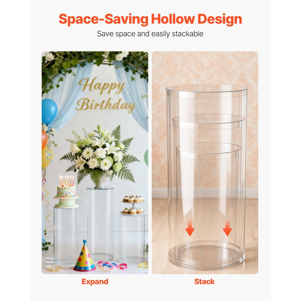 VEVOR Wedding Flower Stand, 3PCS 23.62/29.53/35.43 inch Round Cylinder Plinth, Clear Pedestal Stand with Transparent Acrylic Lid, Cylindrical Pedestal Stands for Wedding, Party, Birthday, Art Decor
