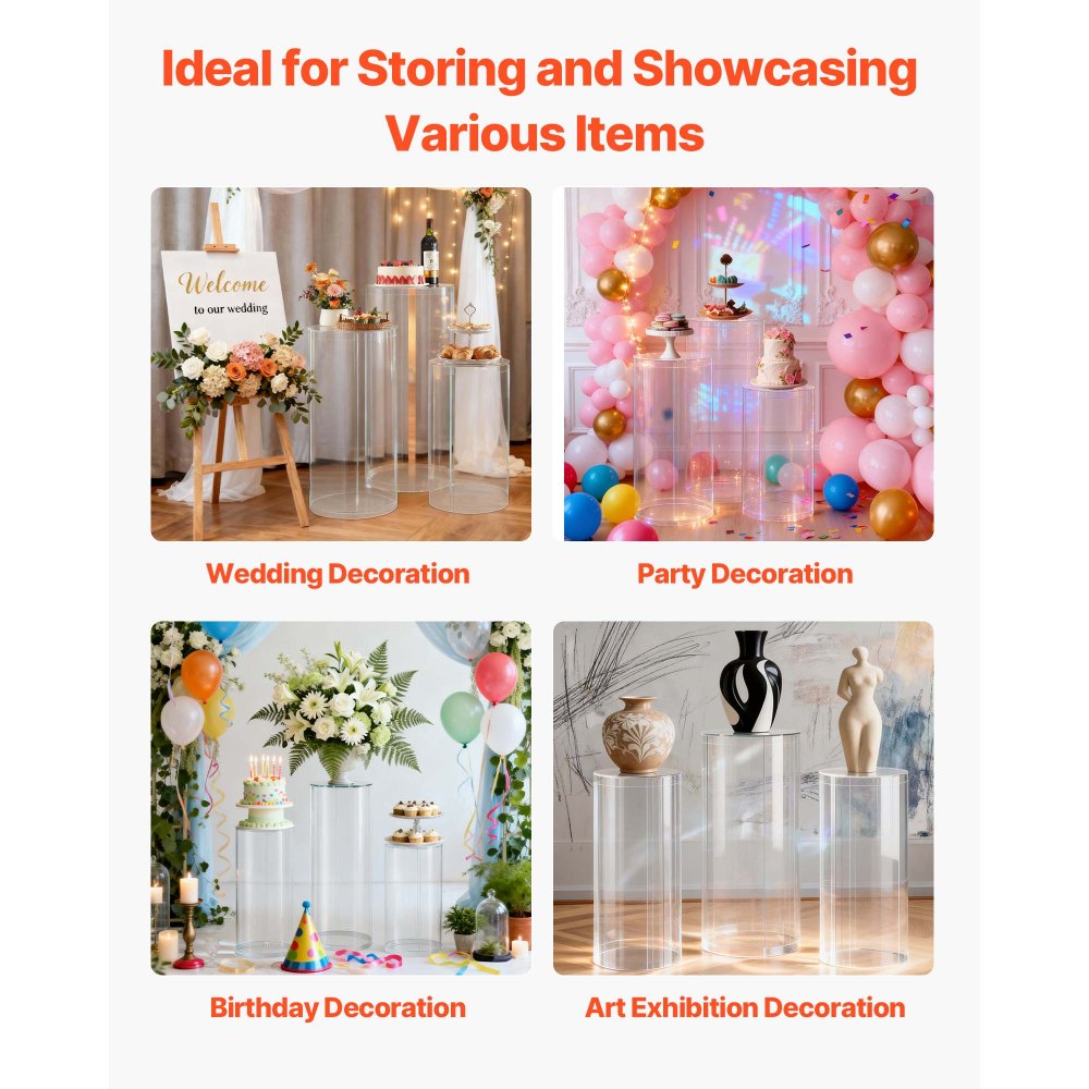 VEVOR Wedding Flower Stand, 3PCS 23.62/29.53/35.43 inch Round Cylinder Plinth, Clear Pedestal Stand with Transparent Acrylic Lid, Cylindrical Pedestal Stands for Wedding, Party, Birthday, Art Decor