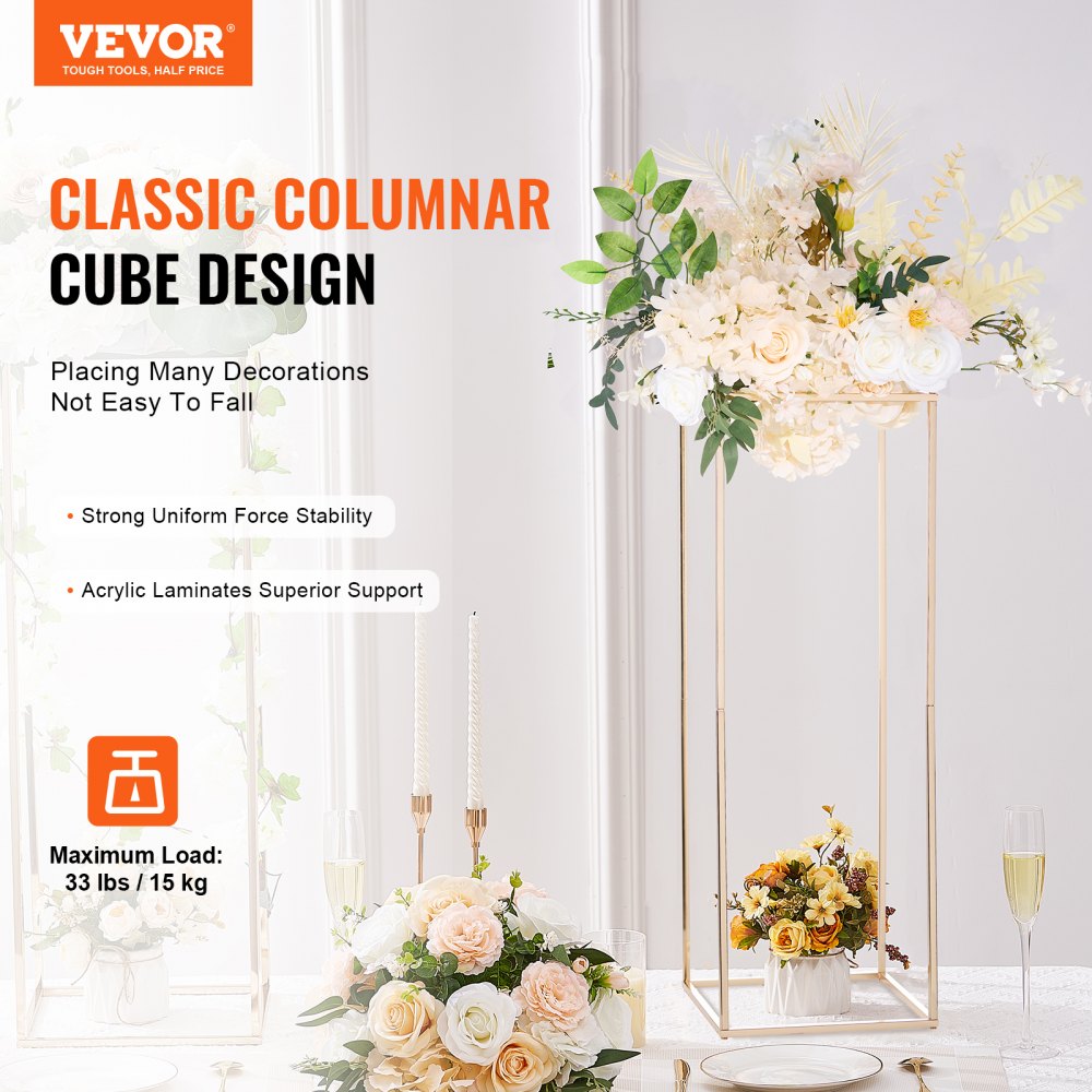 VEVOR 2PCS 31.5inch High Wedding Flower Stand, Metal Vase Column Geometric Centerpiece Stands, Gold Rectangular Floral Display Rack for T-Stage Events Reception, Party Decoration Home