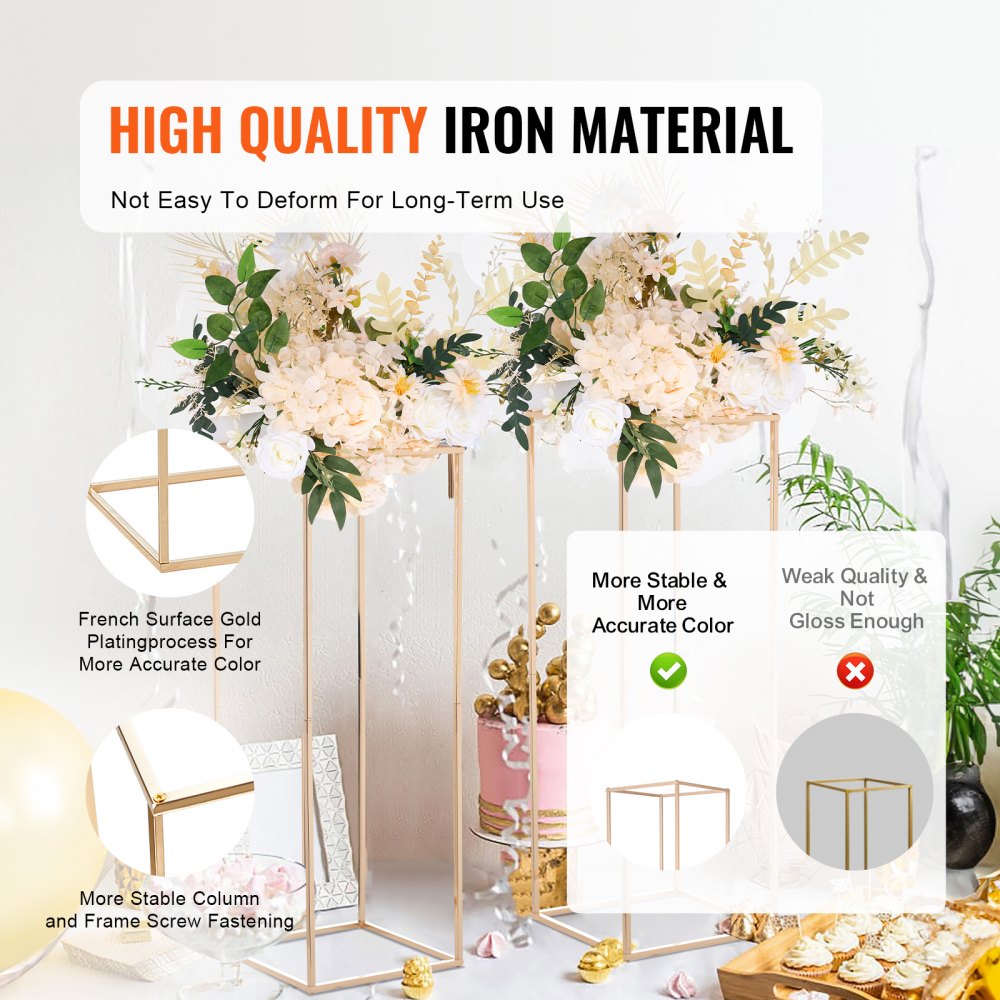 VEVOR 2PCS 31.5inch High Wedding Flower Stand, Metal Vase Column Geometric Centerpiece Stands, Gold Rectangular Floral Display Rack for T-Stage Events Reception, Party Decoration Home