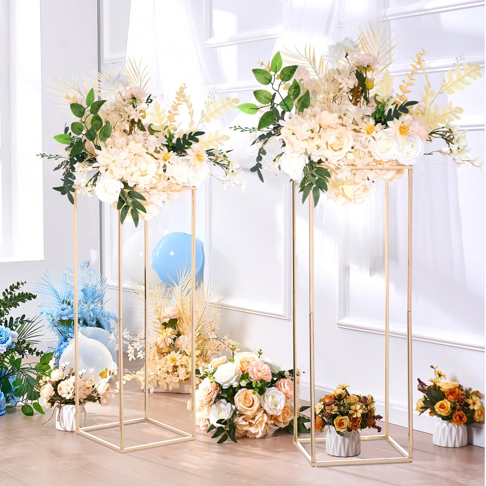 VEVOR 2PCS 31.5inch High Wedding Flower Stand, Metal Vase Column Geometric Centerpiece Stands, Gold Rectangular Floral Display Rack for T-Stage Events Reception, Party Decoration Home