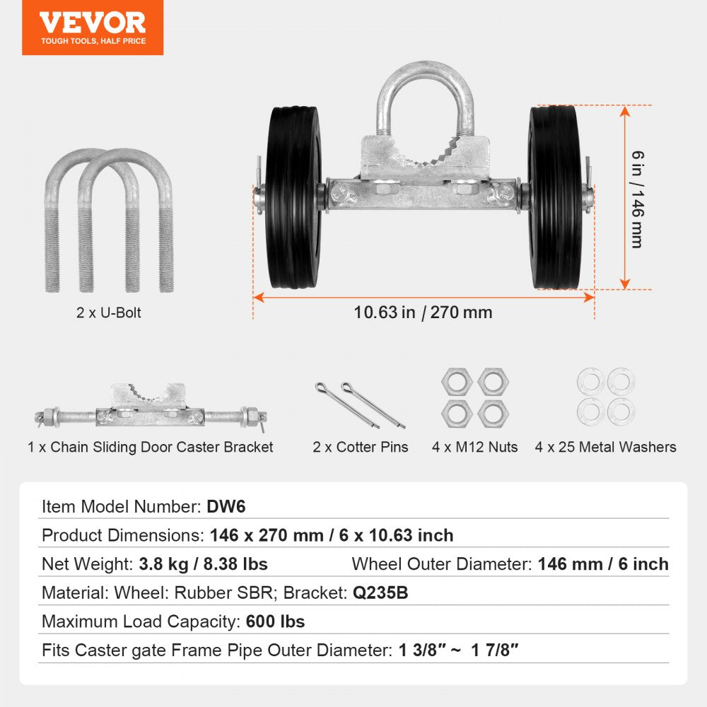 VEVOR Sliding Gate Kit, 6” Rolling Gate Hardware Kit, Universal Adjustable Sliding Gate Rollers Track Wheels, Heavy Duty Sliding Gate Guide Roller for Sliding Gates and Rolling Door,600lbs Load,Black