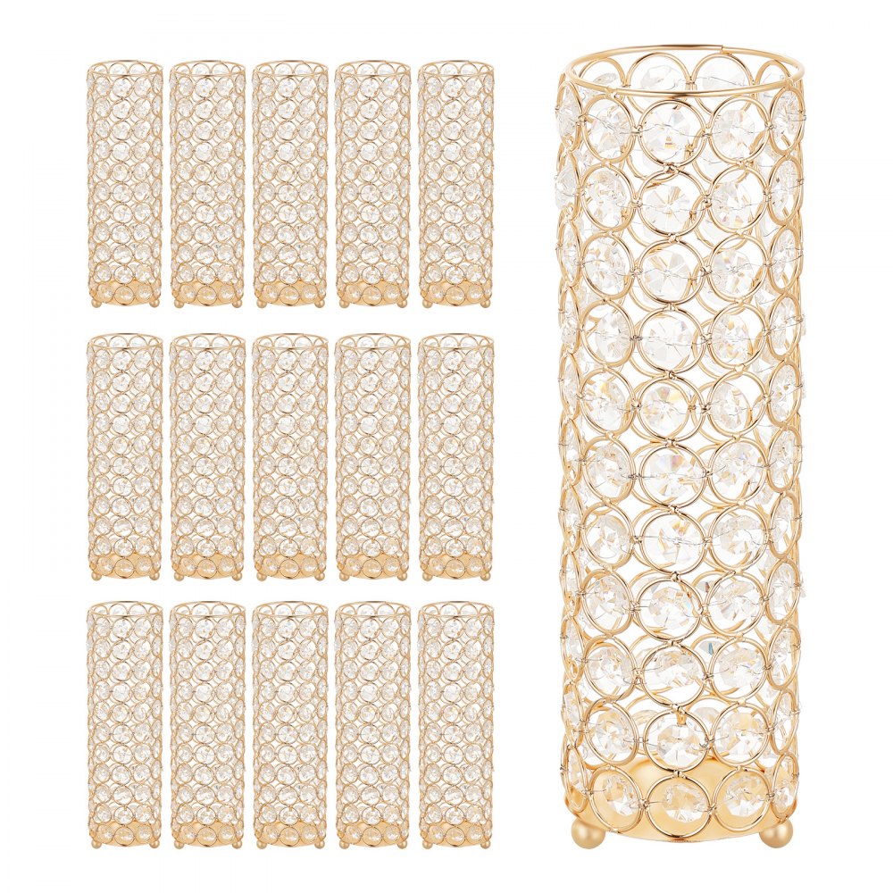 VEVOR 16 PCS Crystal Wedding Flower Vase, 10.24 in Tall Flower Table Centerpieces, Crystal Cylinder Banquet Vases Easy Installation, Versatile Arrangement Stand for Party Events Room Home Decor, Gold