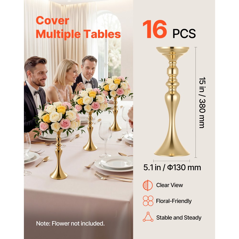 VEVOR 16 PCS Wedding Flower Vase, 15 in Tall Flower Table Centerpieces, Crystal Banquet Vases Easy Installation, Electroplated Versatile Arrangement Stand for Party Events Home Decor Reception, Gold