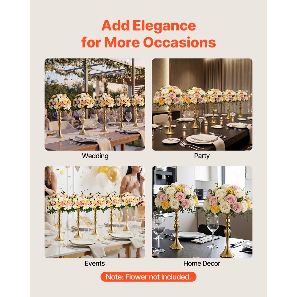 VEVOR 16 PCS Wedding Flower Vase, 15 in Tall Flower Table Centerpieces, Crystal Banquet Vases Easy Installation, Electroplated Versatile Arrangement Stand for Party Events Home Decor Reception, Gold