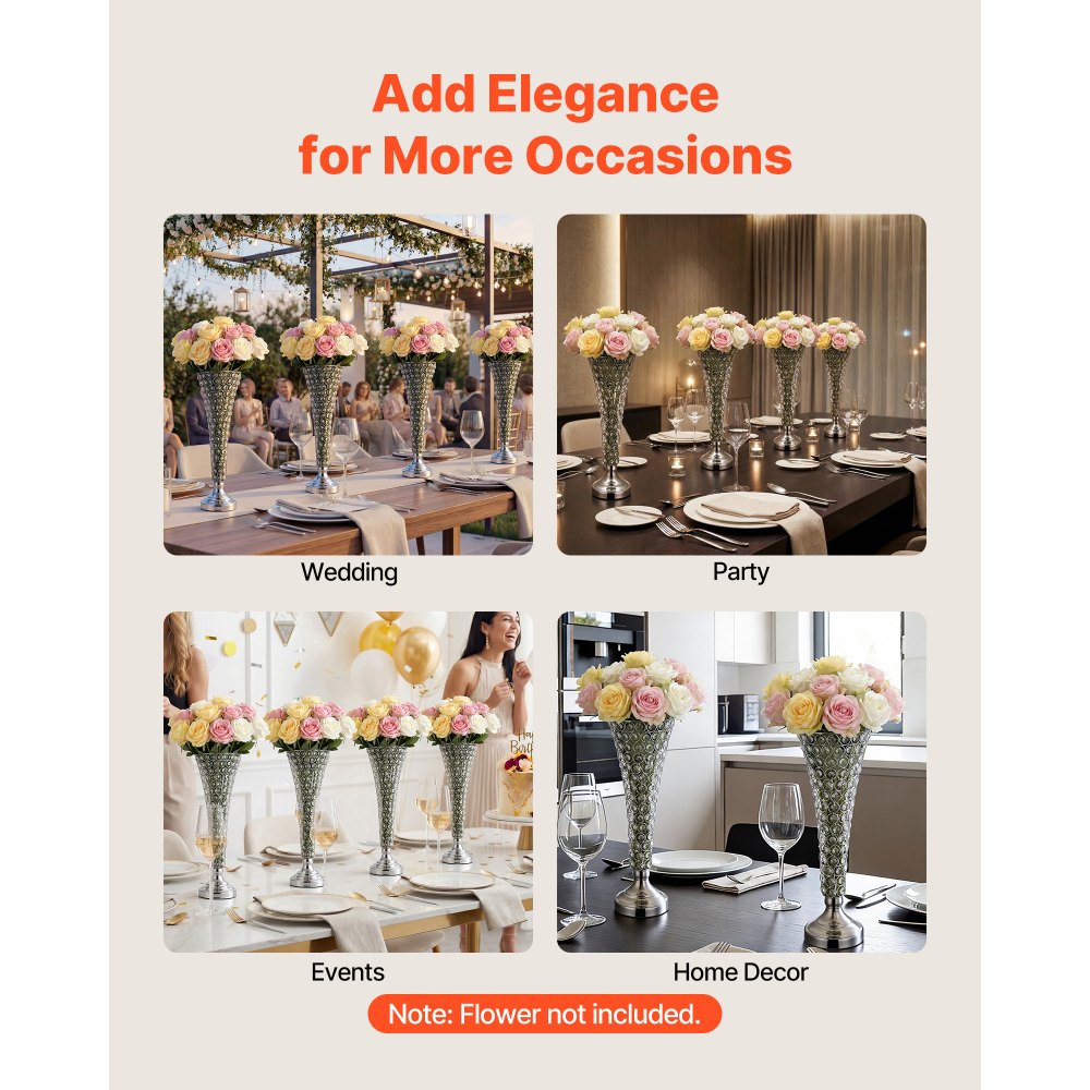 VEVOR 4 PCS Crystal Wedding Flower Vase, 20 in Tall Flower Table Centerpieces, Crystal Cylinder Banquet Vases Easy Installation, Versatile Arrangement Stand for Party Events Room Home Decor, Silver