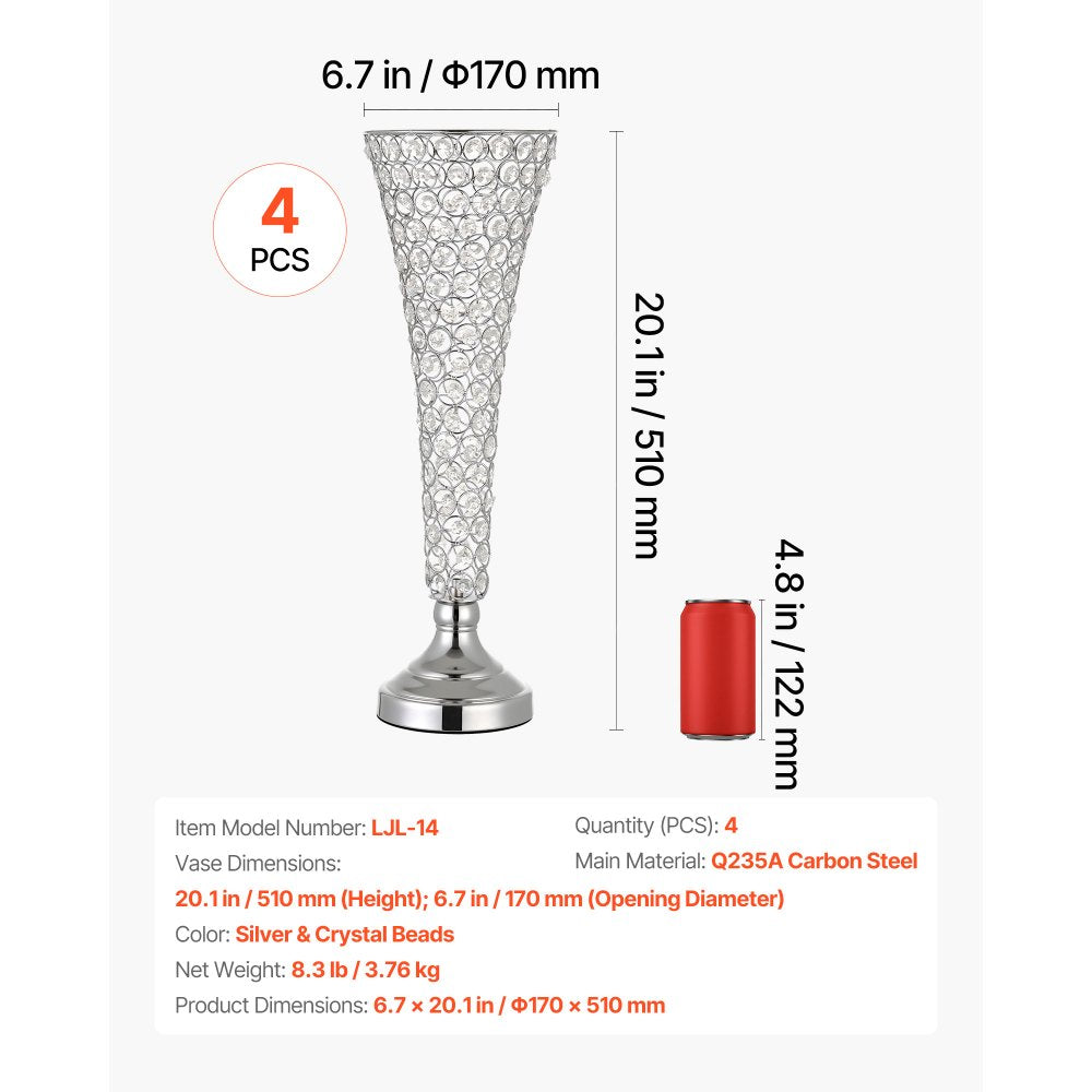 VEVOR 4 PCS Crystal Wedding Flower Vase, 20 in Tall Flower Table Centerpieces, Crystal Cylinder Banquet Vases Easy Installation, Versatile Arrangement Stand for Party Events Room Home Decor, Silver