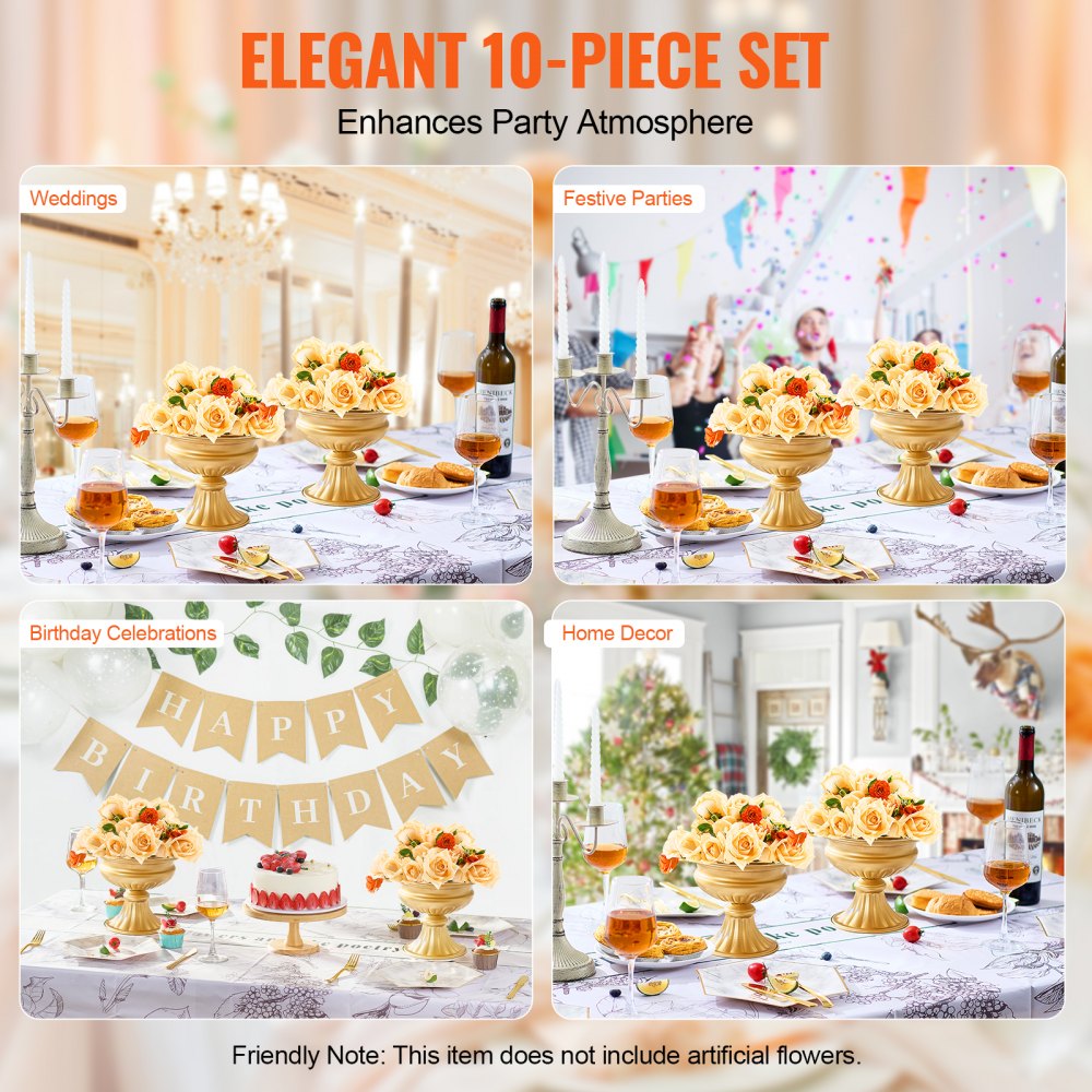 VEVOR 10PCS 16cm/6.3” Tall Wedding Flower Vase, Metal Wedding Centerpiece, Gold Floral Arrangement Stand Display Rack for Tables Wedding Dinner Party, Anniversary Ceremony Birthday Event Decor